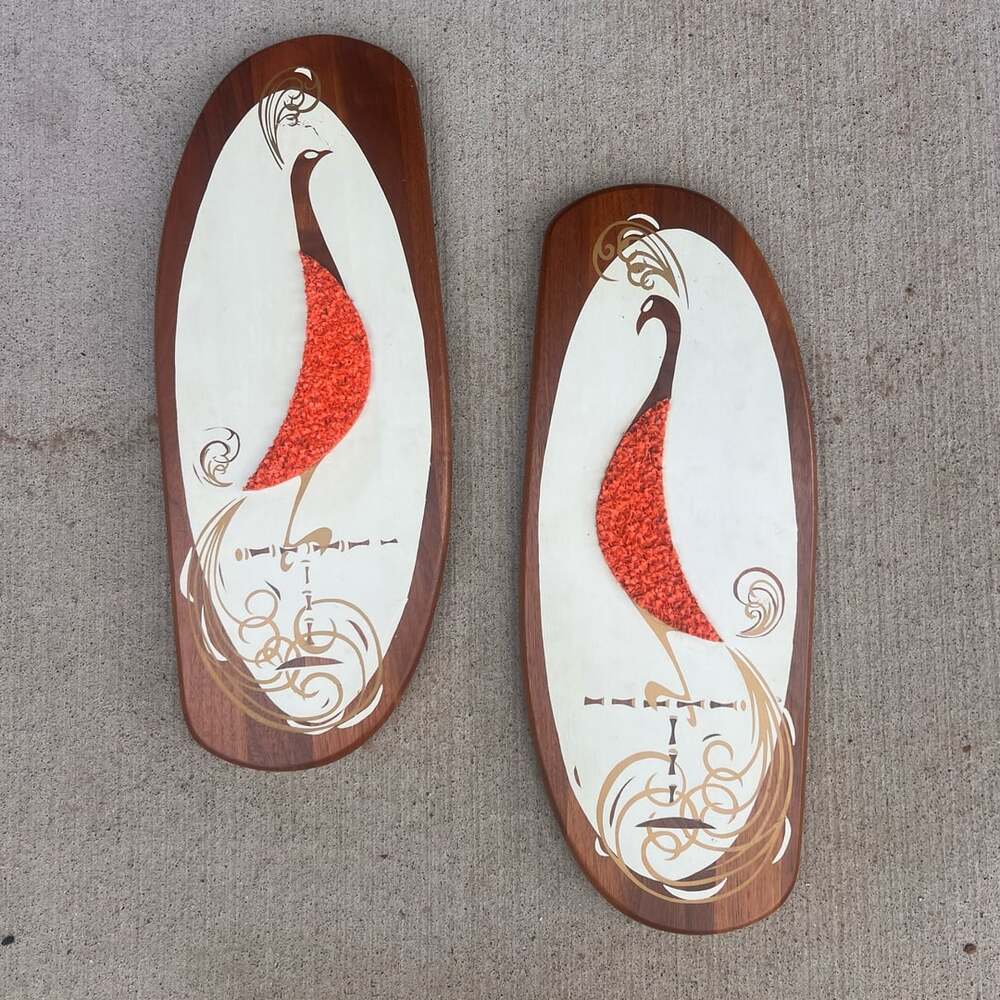 🔥 Vintage 1960s MID-CENTURY Wall Hangings Belart Pair of Peacocks On Walnut MCM